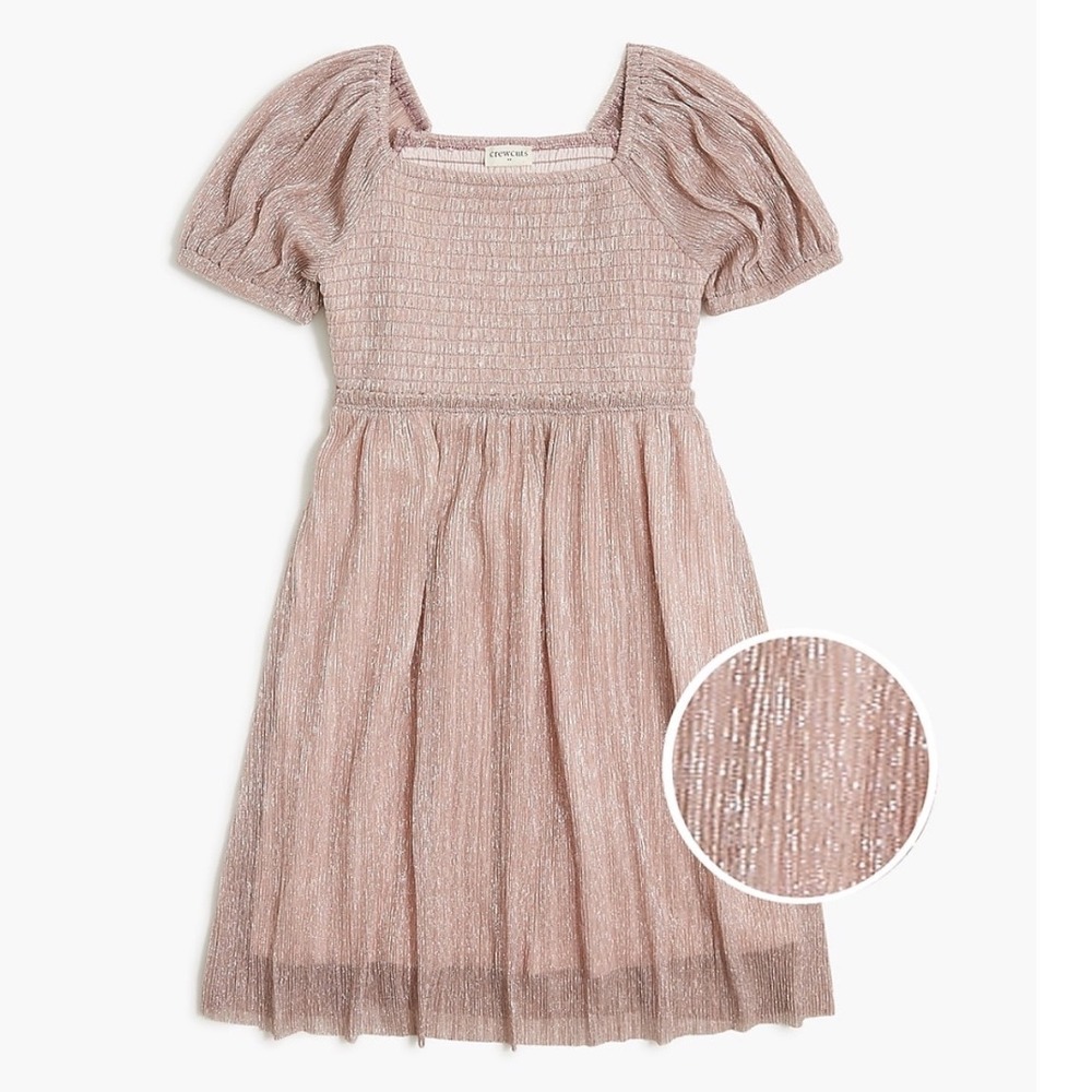 NEW Crewcuts Shimmer Puff Slv Smocked‎ Dress Pink Metallic 12 Party Wedding NYE